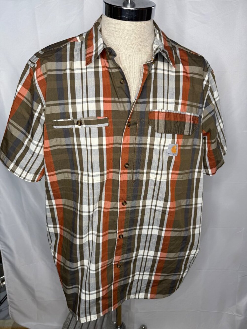 Carhartt Mens Plaid Button-Up Short-Sleeve Shirt With Hidden Zipper Pocket Brown